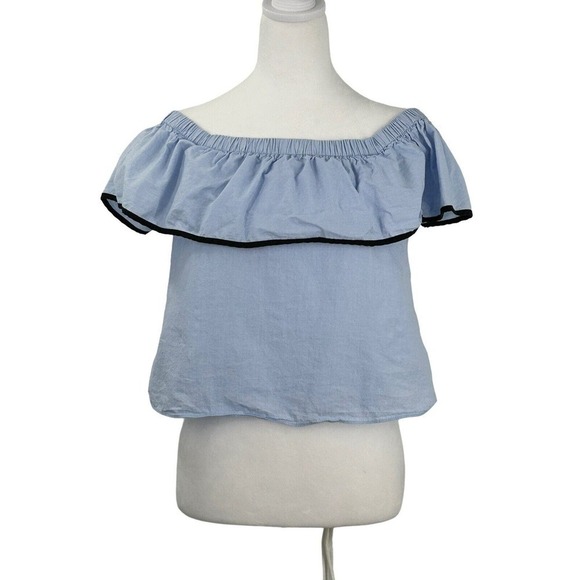 ZARA Poplin Crop Off Or Shoulder Blue Black Trim Black Tie Size Small - Picture 5 of 8